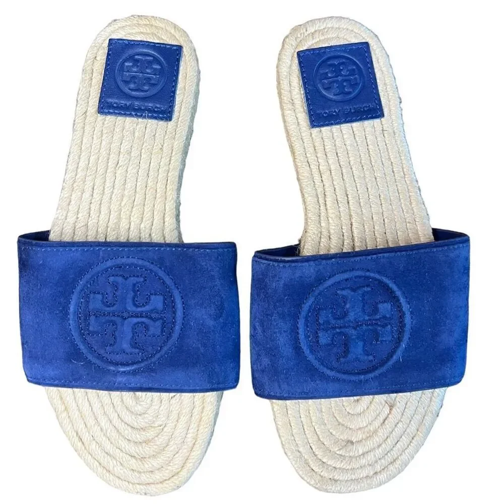 Tory Burch Benton Open Toe Espadrille Slide in Midnight Blue  Suede NWOB Size 5